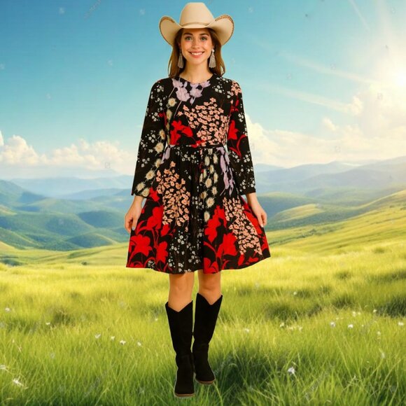 AVA & LU Dresses & Skirts - AVA & LU Vibrant Multicolor Floral Print Black Background Knee Length Dress Sz S